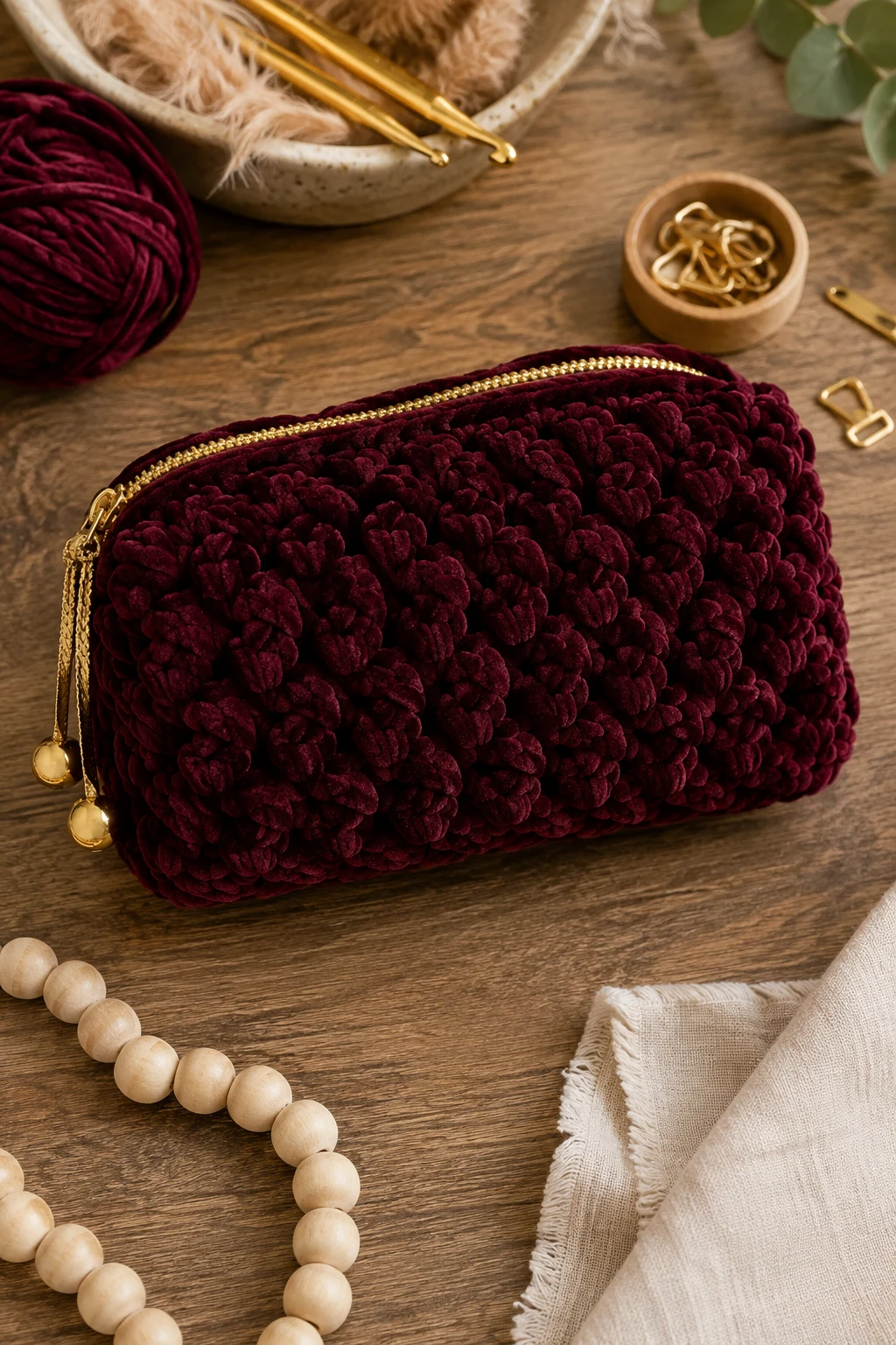 Velvet Evening Cosmetic Clutch — Crochet cosmetic bag style outfit