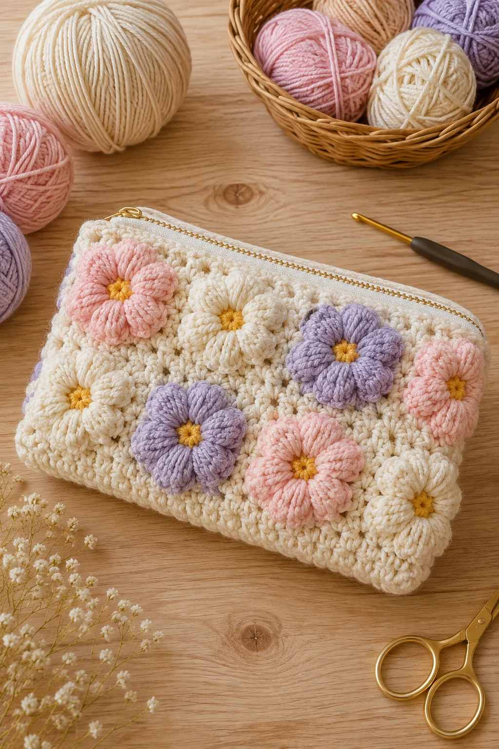 Puffy Flower Makeup Pouch — crochet cosmetic bag style outfit