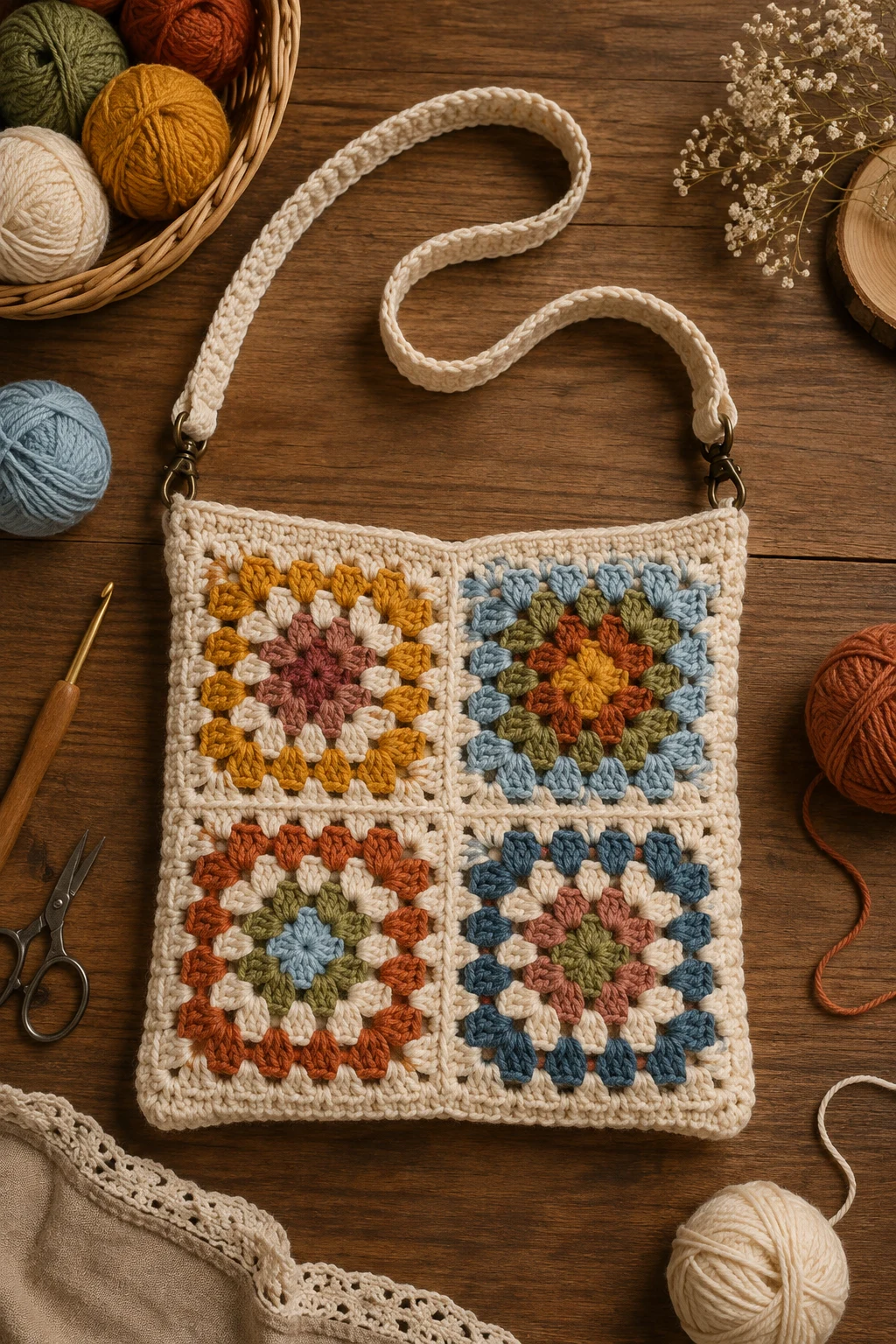 Classic Granny Square Crossbody Bag — crochet crossbody bag style outfit