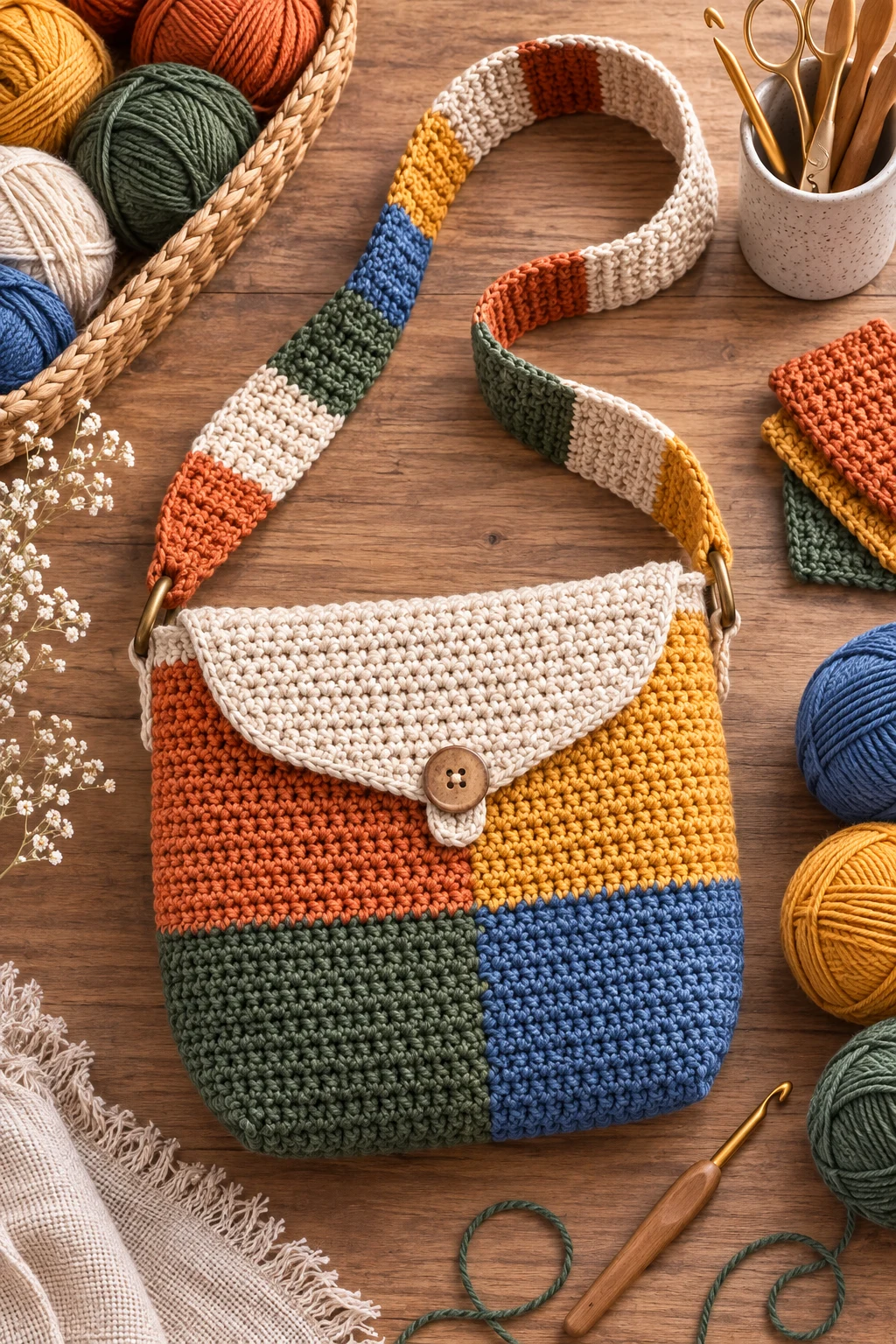 Color-Block Statement Bag — crochet crossbody bag style outfit