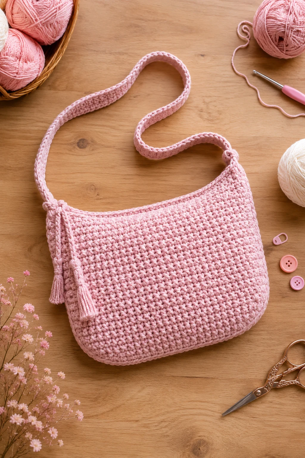 Soft Pink Y2K Sling — crochet crossbody bag style outfit