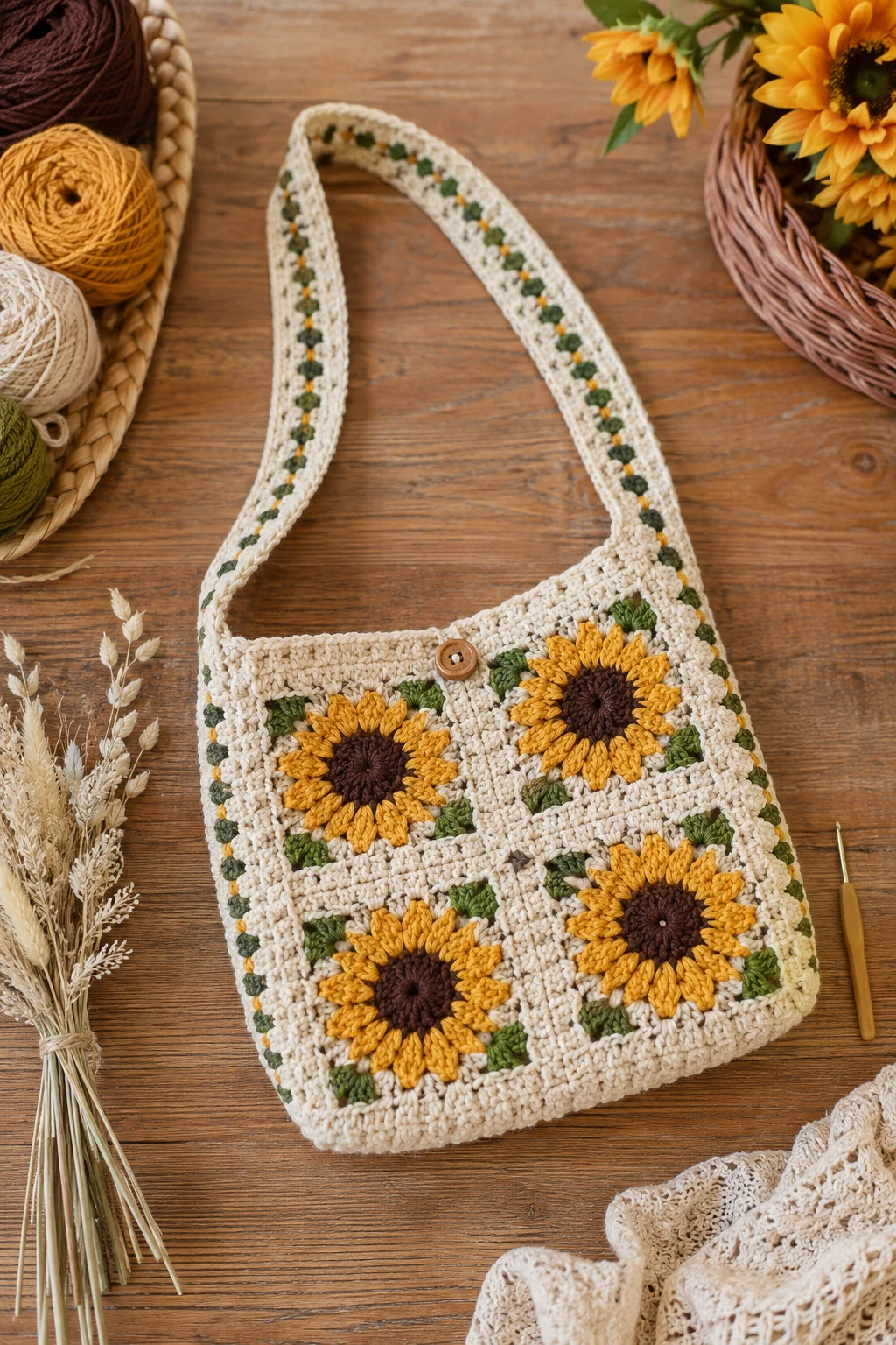 Sunflower Market Sling — crochet crossbody bag style outfit