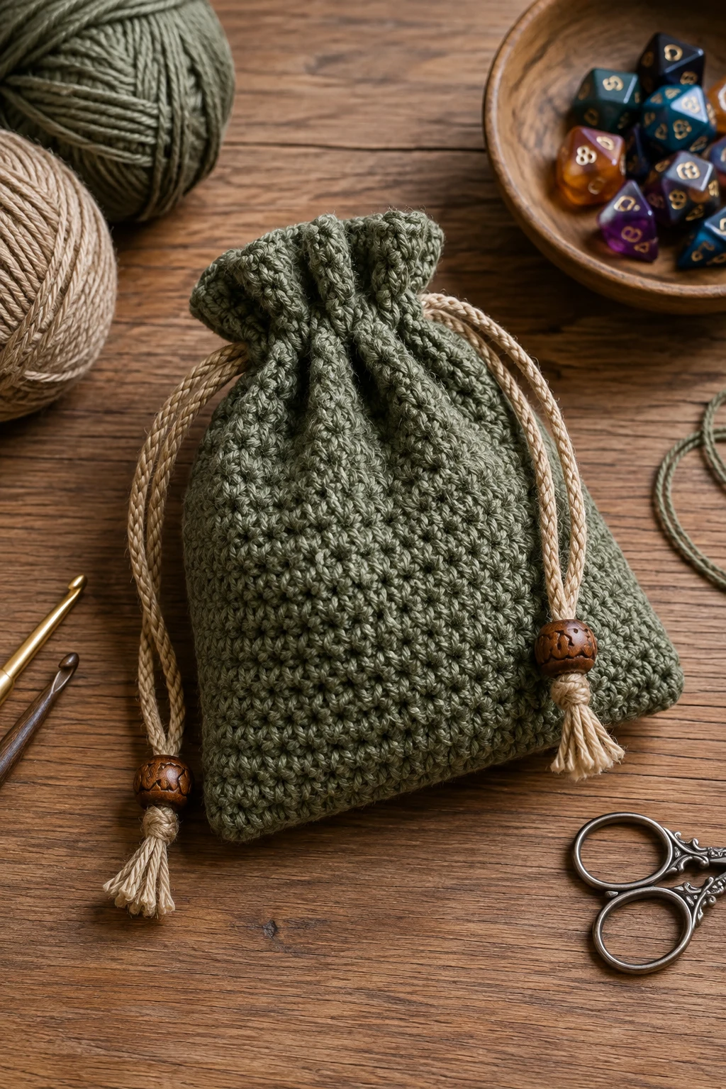 Classic Drawstring Crochet Dice Bag — crochet dice bag style outfit
