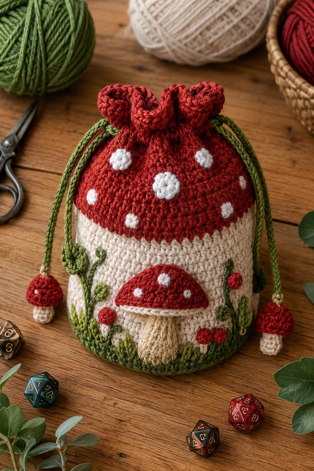 Woodland Mushroom Dice Bag — crochet dice bag style outfit