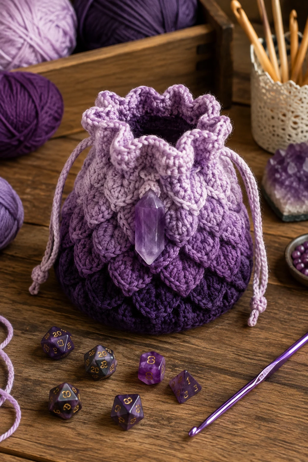 Amethyst Crystal Dice Bag — crochet dice bag style outfit