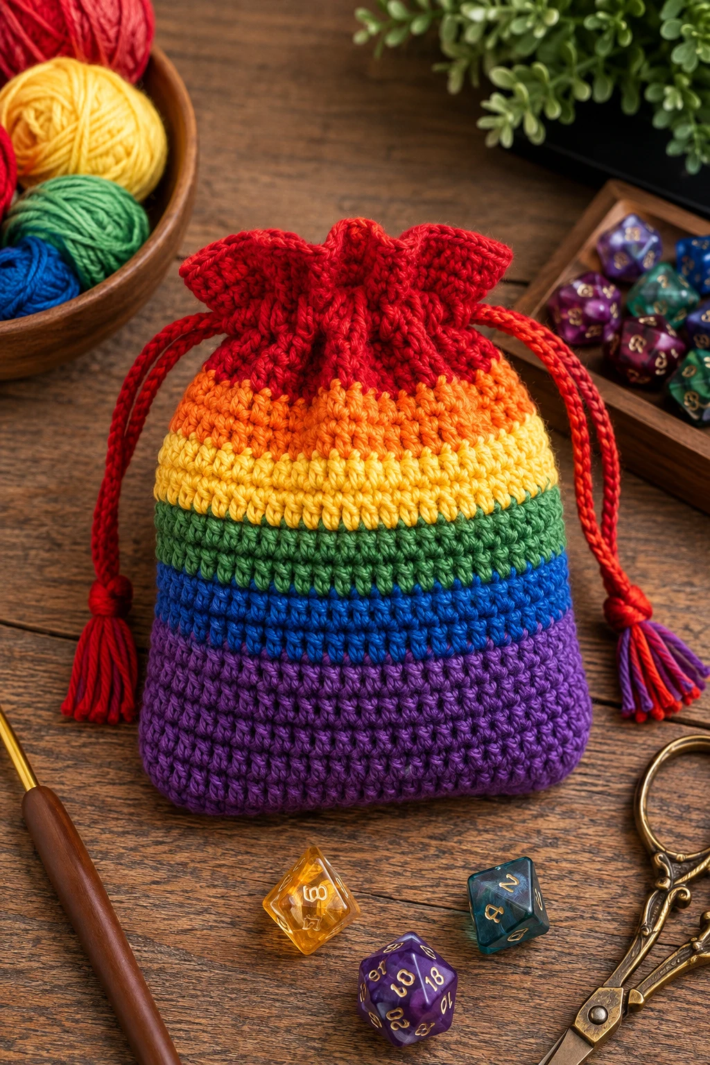 Rainbow Pride Dice Pouch — crochet dice bag style outfit