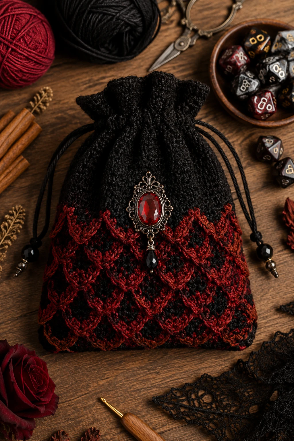 Gothic Black and Crimson Bag — crochet dice bag style outfit