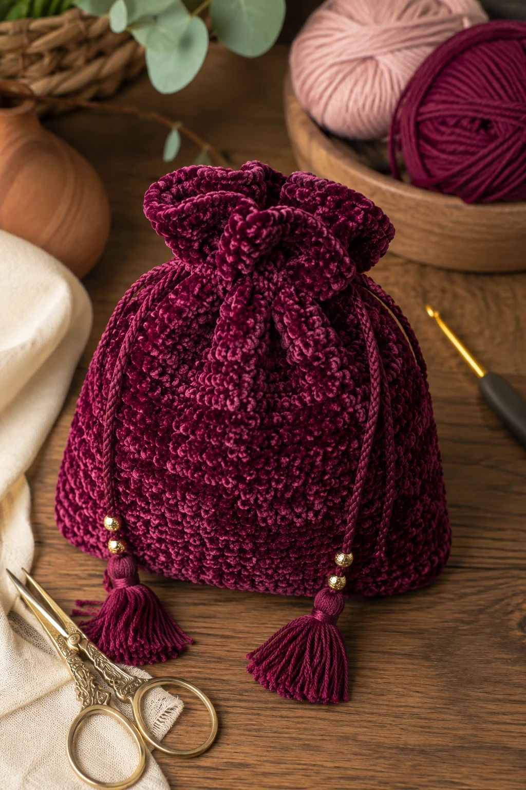 Velvet Evening Pouch — crochet drawstring bag style outfit