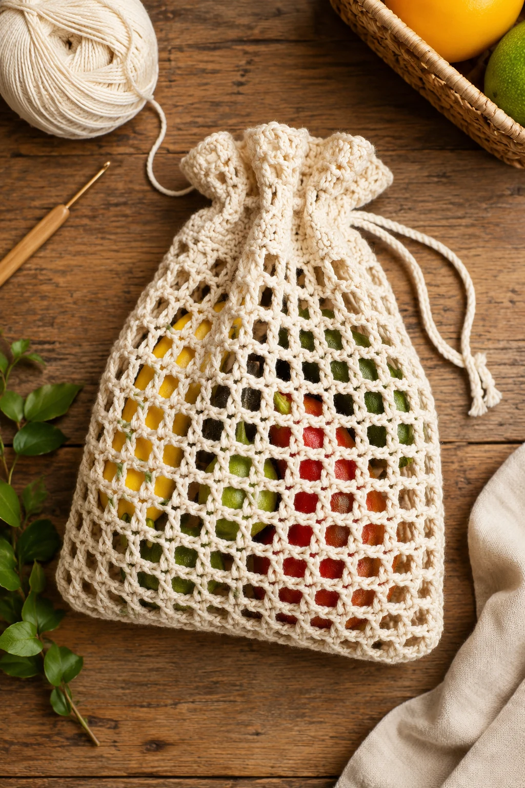 Mesh Market Pouch — crochet drawstring bag style outfit