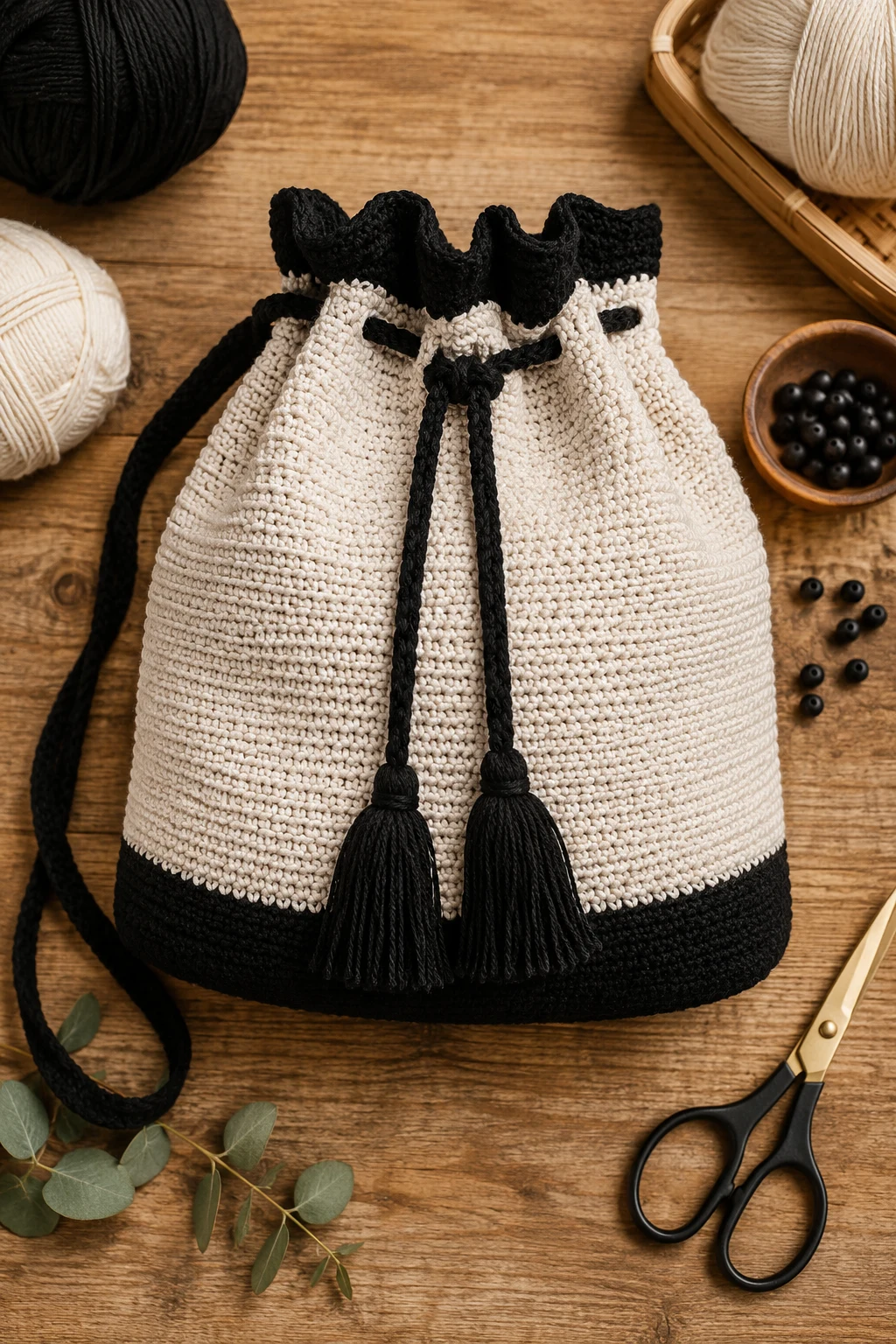 Monochrome Minimalist Bag — crochet drawstring bag style outfit