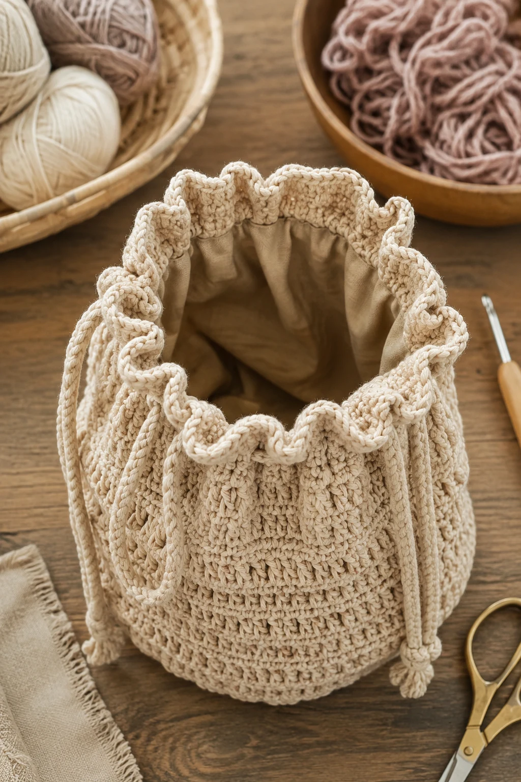 Crochet Drawstring Bag With a Lined Interior — crochet drawstring bag style outfit