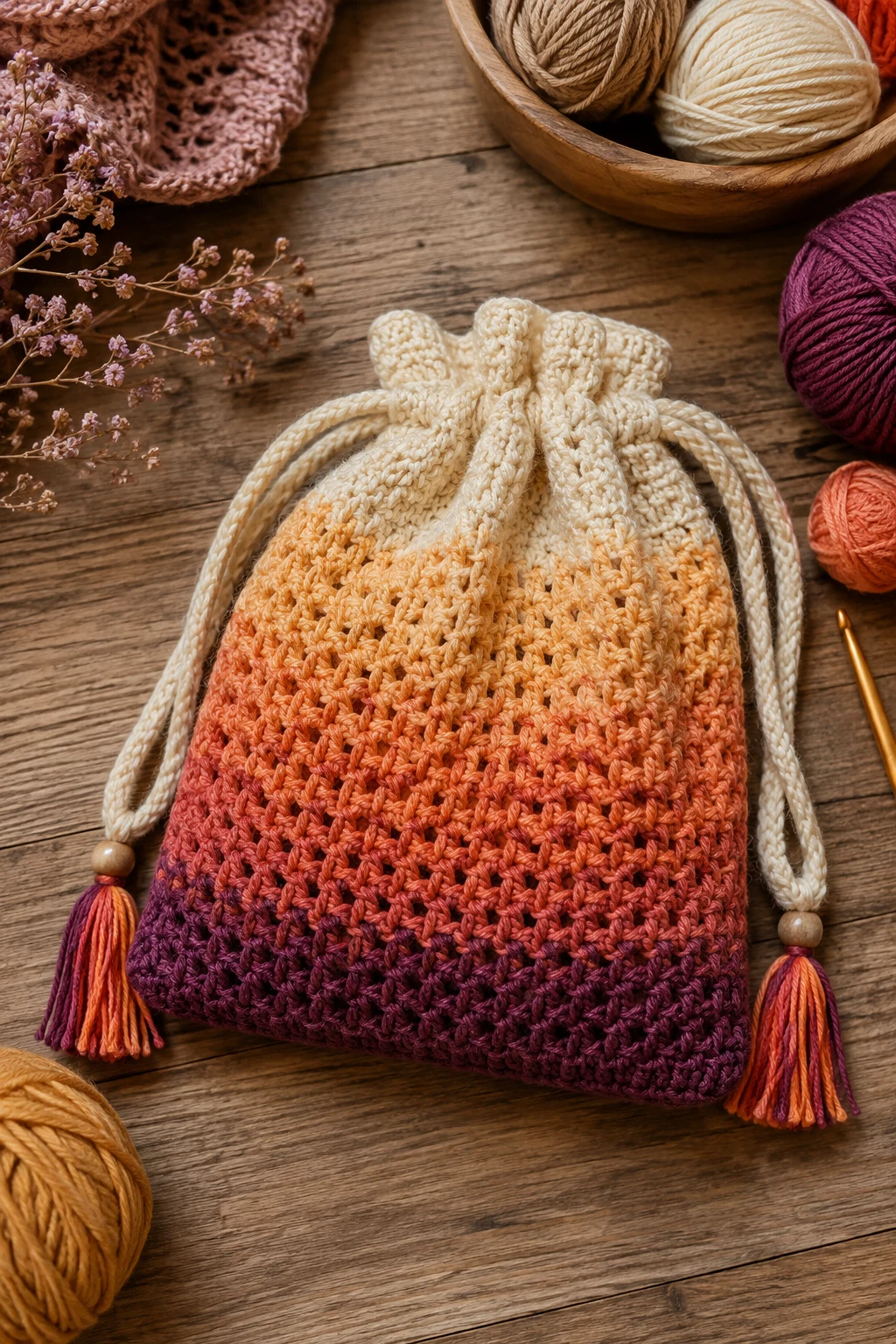 Ombre Sunset Bag — crochet drawstring bag style outfit