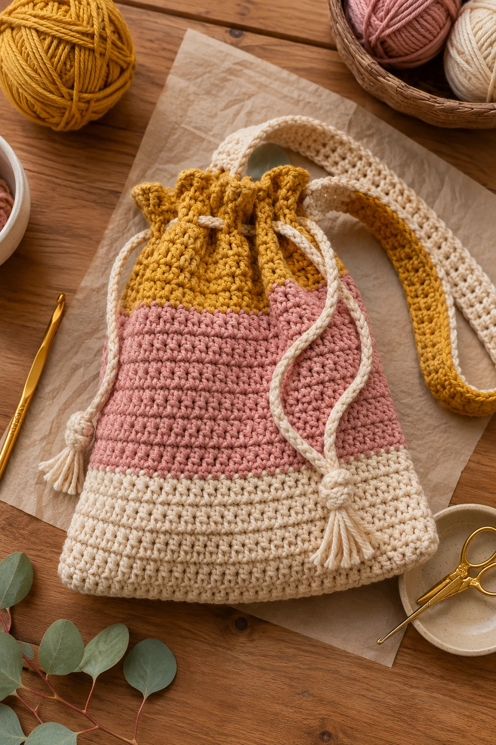 Color-Block Statement Bag — crochet drawstring bag style outfit