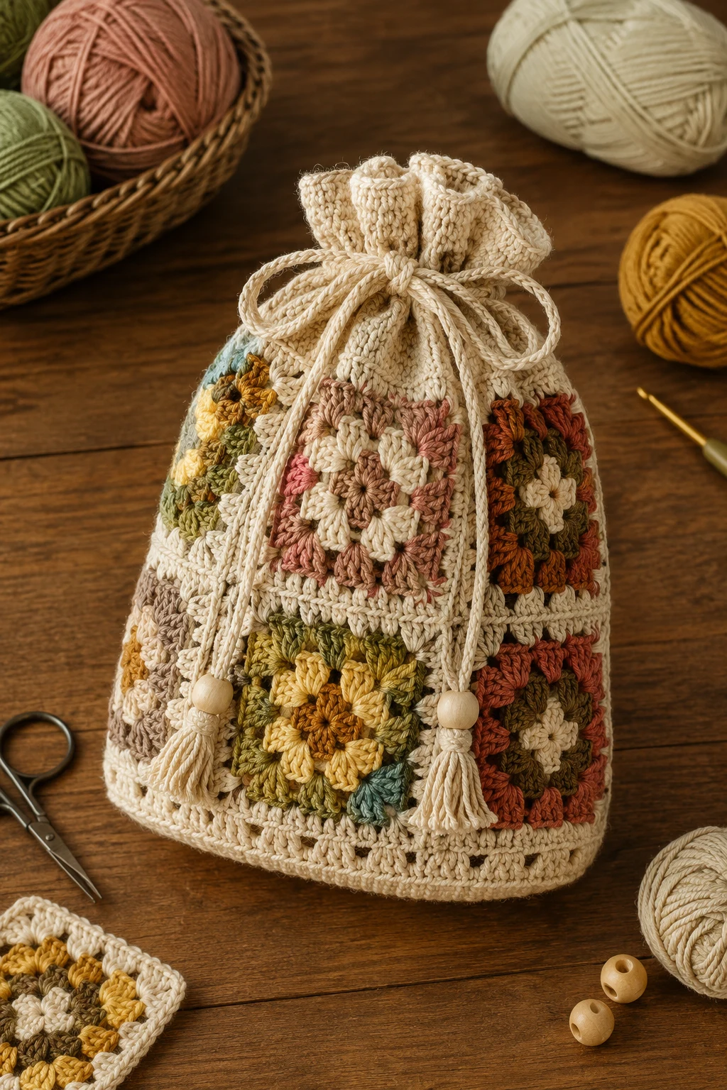Crochet Drawstring Bag With Granny Squares — crochet drawstring bag style outfit