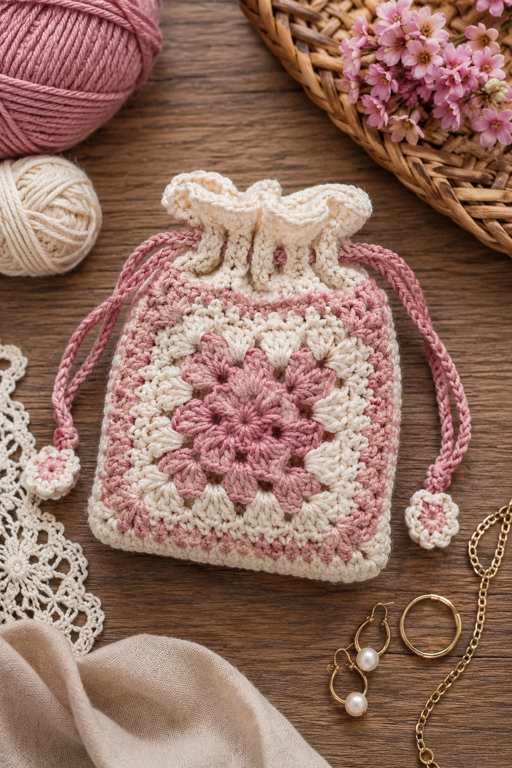 Tiny Jewelry Pouch — crochet drawstring bag style outfit