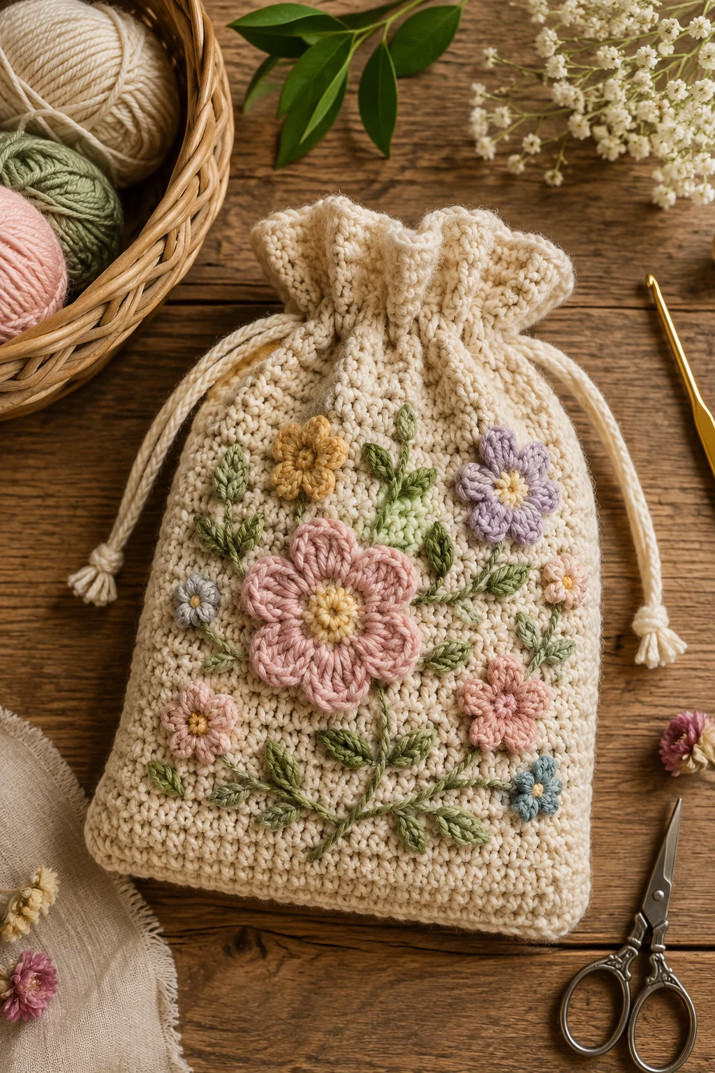 Cottagecore Floral Pouch — crochet drawstring bag style outfit