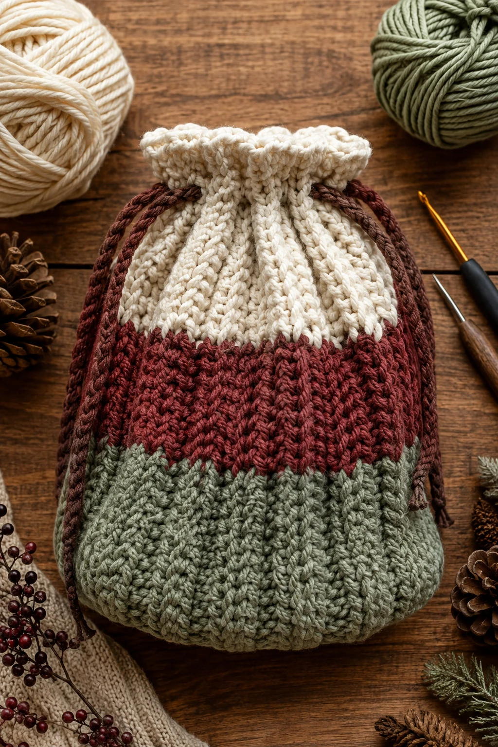Chunky Winter Drawstring Bag — crochet drawstring bag style outfit