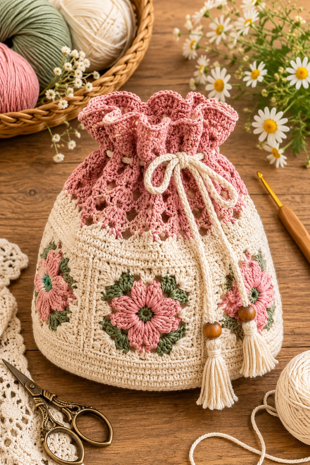 Crochet Drawstring Bag With a Lacy Top — crochet drawstring bag style outfit