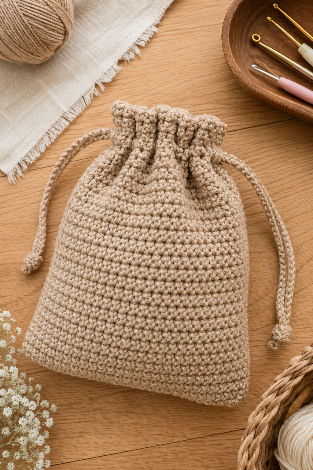 Beginner-Friendly Single Crochet Bag — crochet drawstring bag style outfit