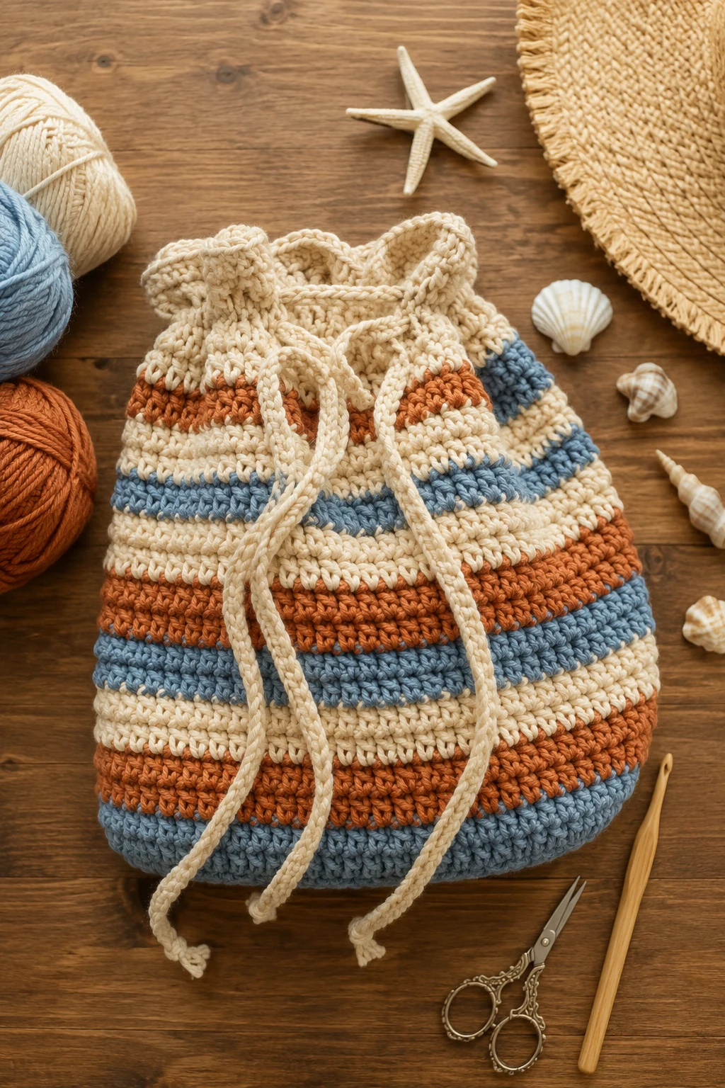 Striped Beach Bag — crochet drawstring bag style outfit