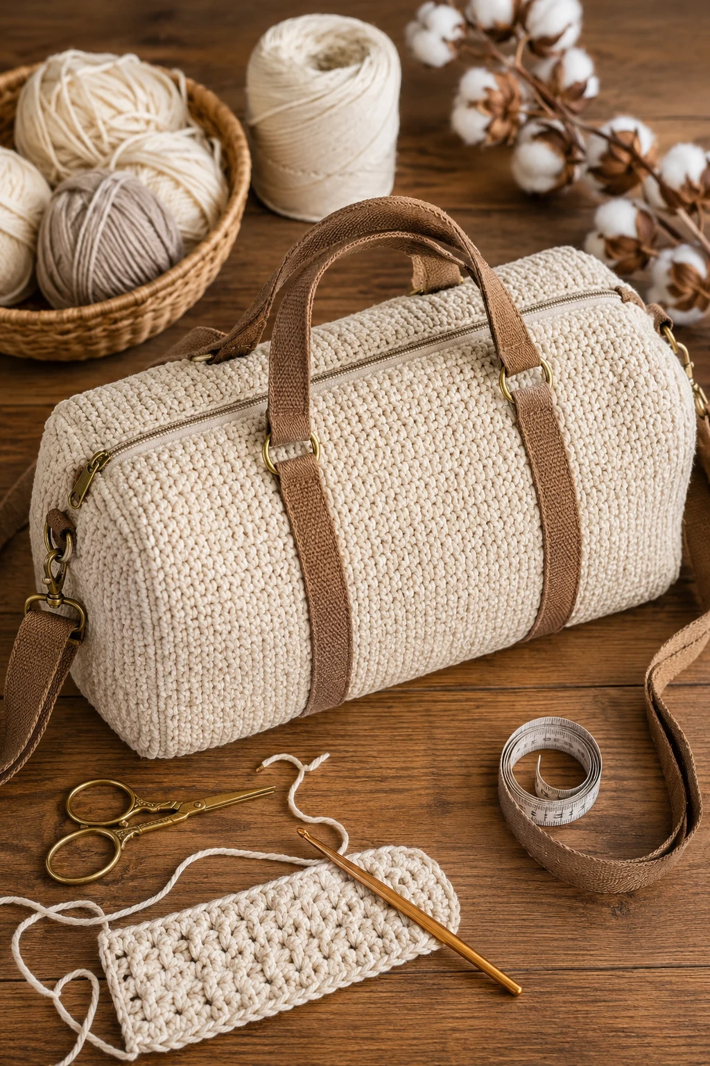 Classic Cream Crochet Duffle Bag — crochet duffle bag style outfit