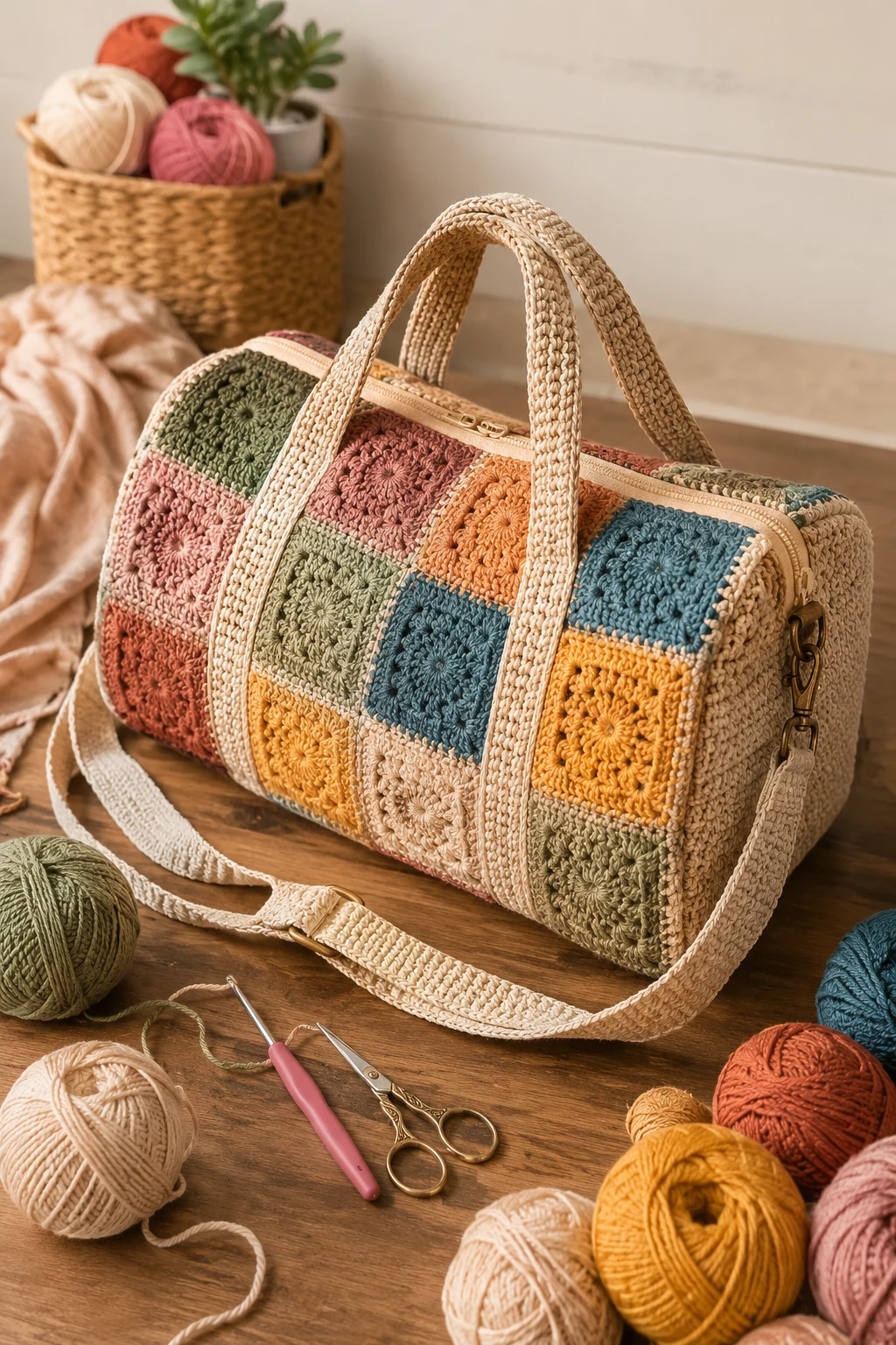 Patchwork Crochet Travel Bag — crochet duffle bag style outfit