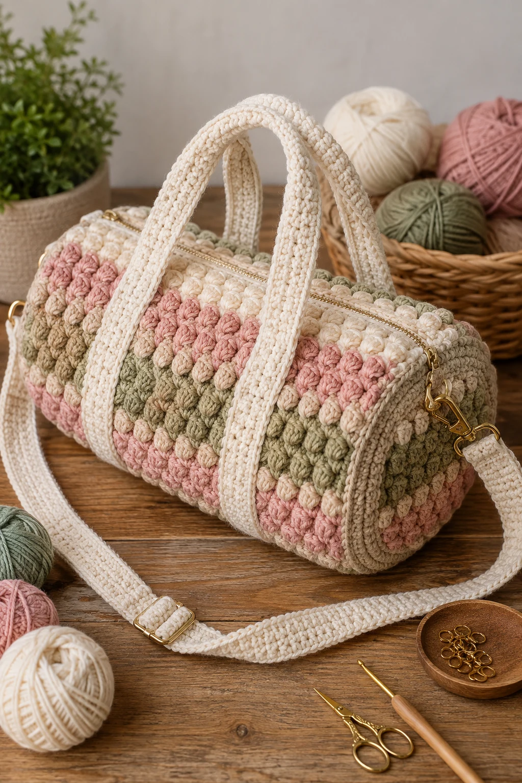 Textured Bobble Stitch Duffle — crochet duffle bag style outfit
