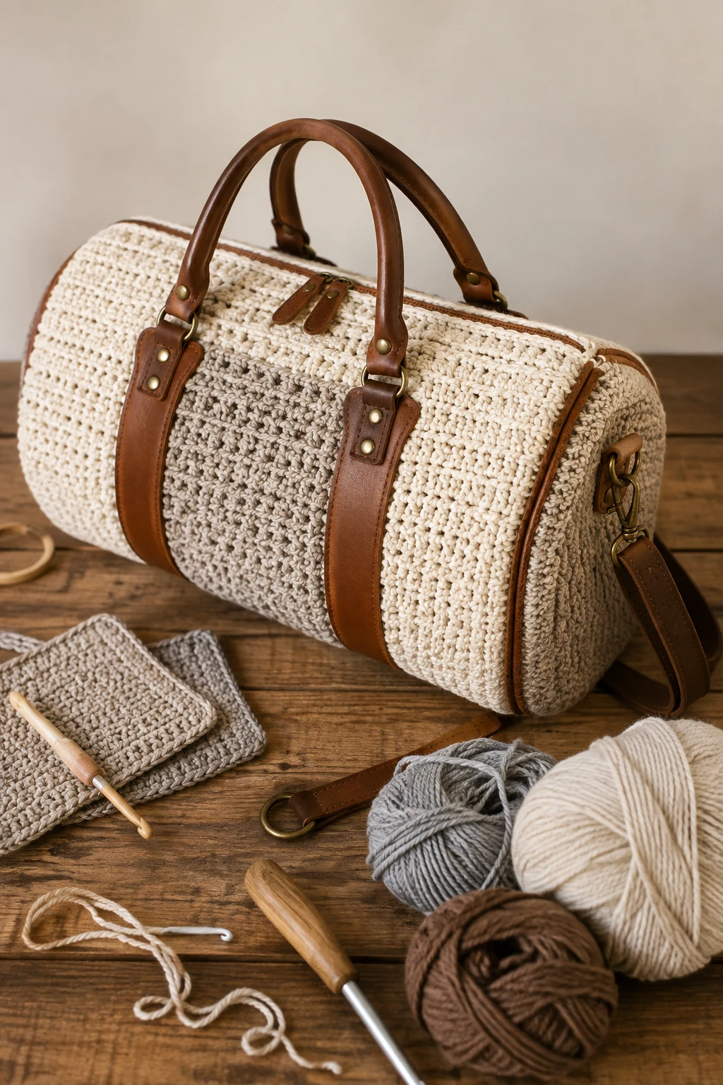 Crochet Duffle Bag With Leather Details — crochet duffle bag style outfit