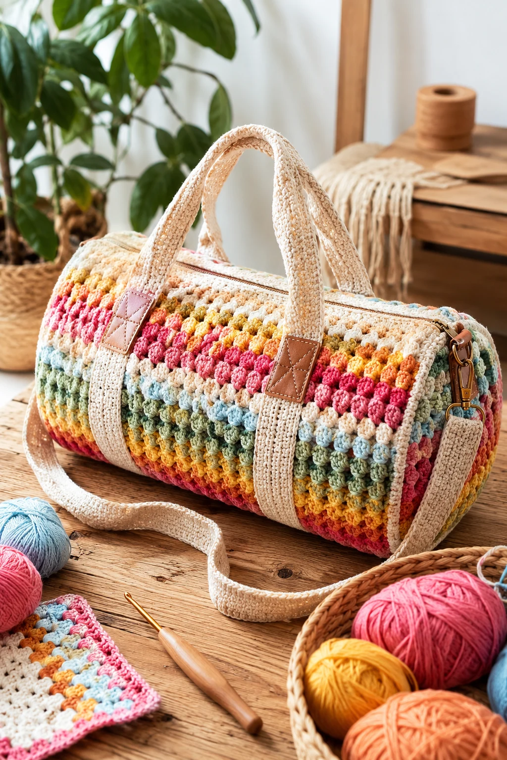 Colorful Summer Crochet Duffle — crochet duffle bag style outfit