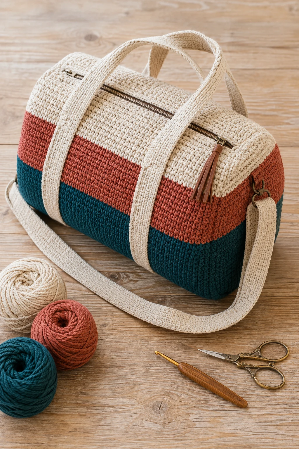 Color-Block Crochet Travel Bag — crochet duffle bag style outfit
