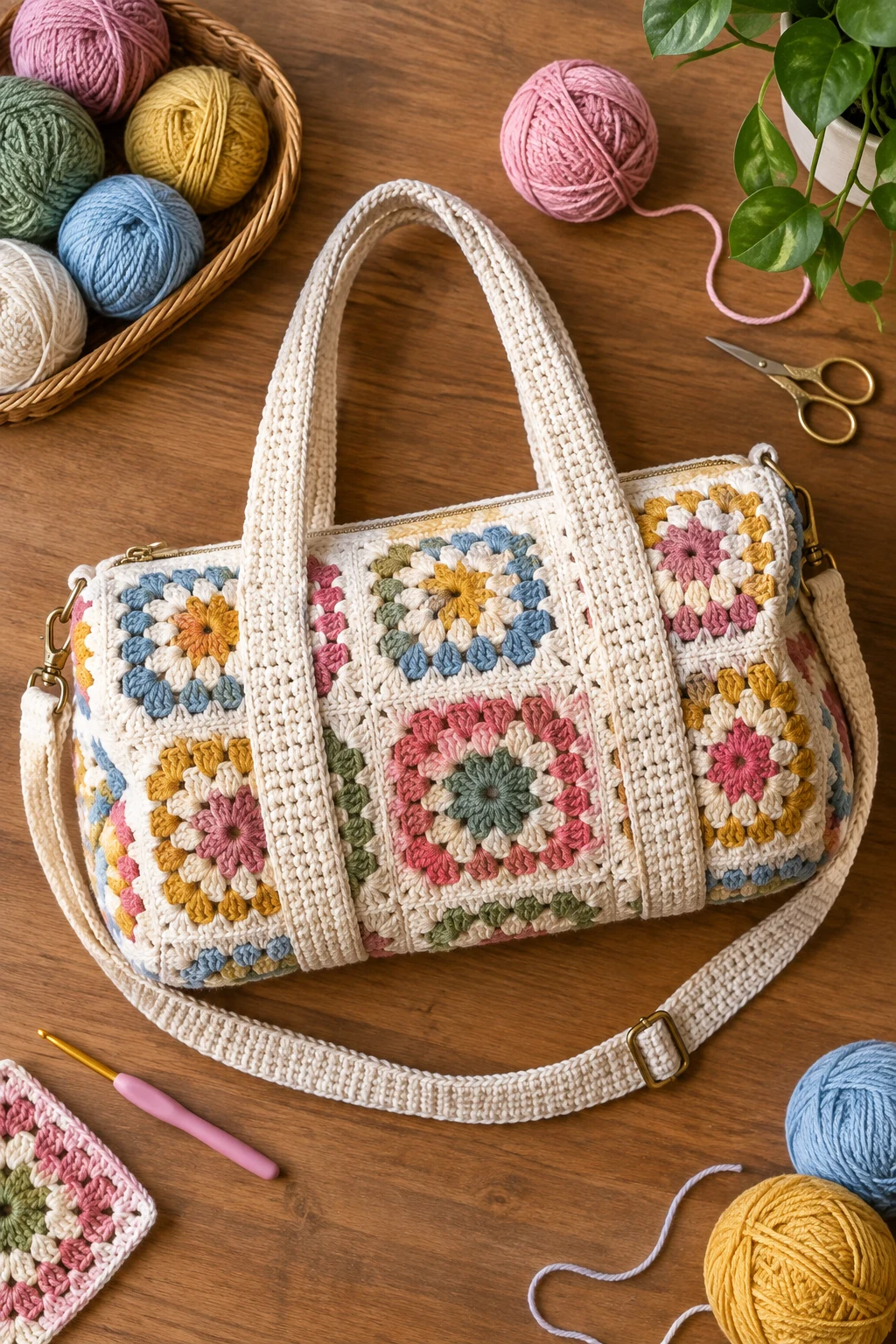Granny Square Crochet Weekender Bag — crochet duffle bag style outfit