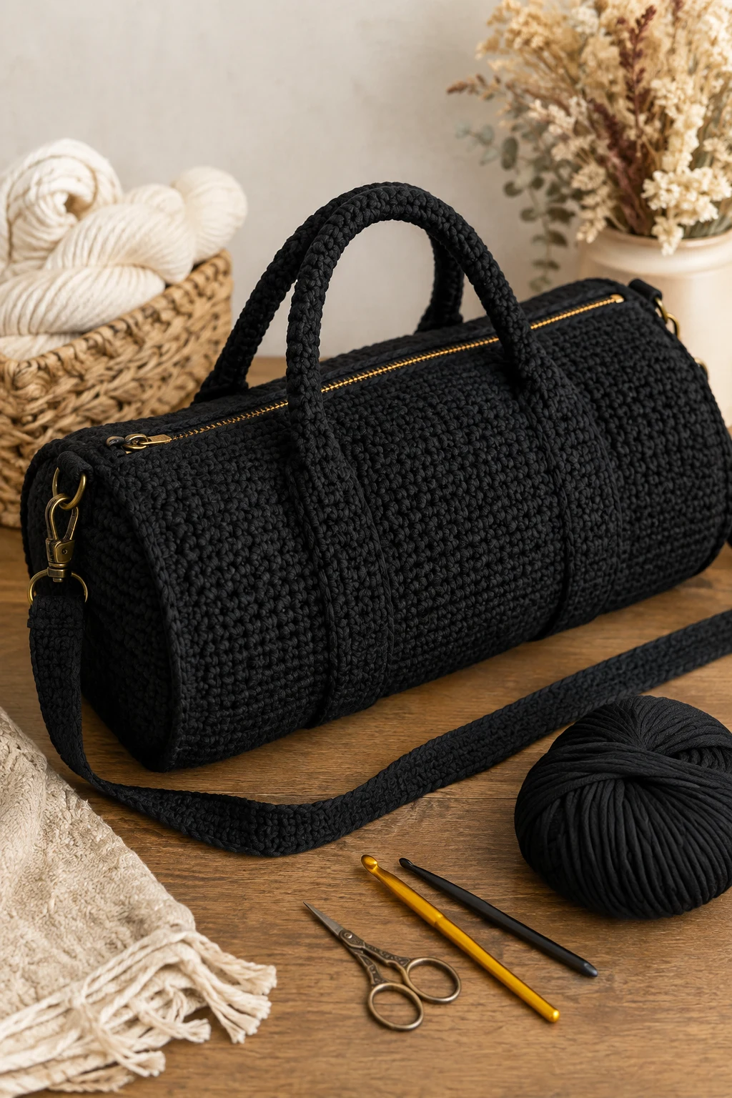 Minimalist Black Crochet Duffle Bag — crochet duffle bag style outfit