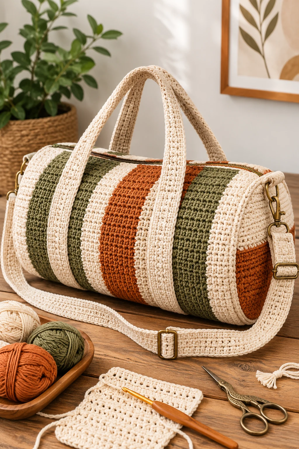 Striped Crochet Sport Bag — crochet duffle bag style outfit