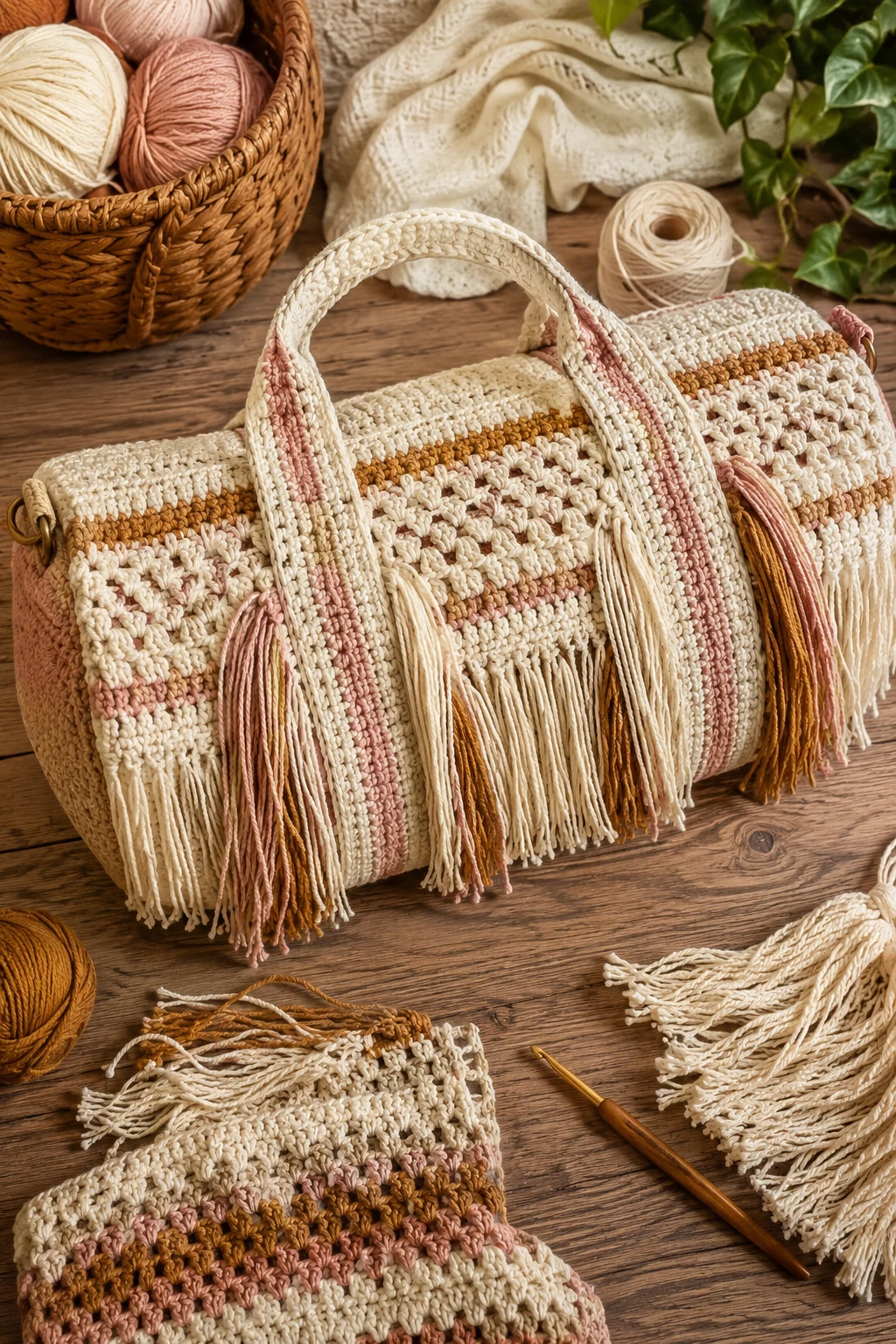 Boho Fringe Crochet Duffle — crochet duffle bag style outfit