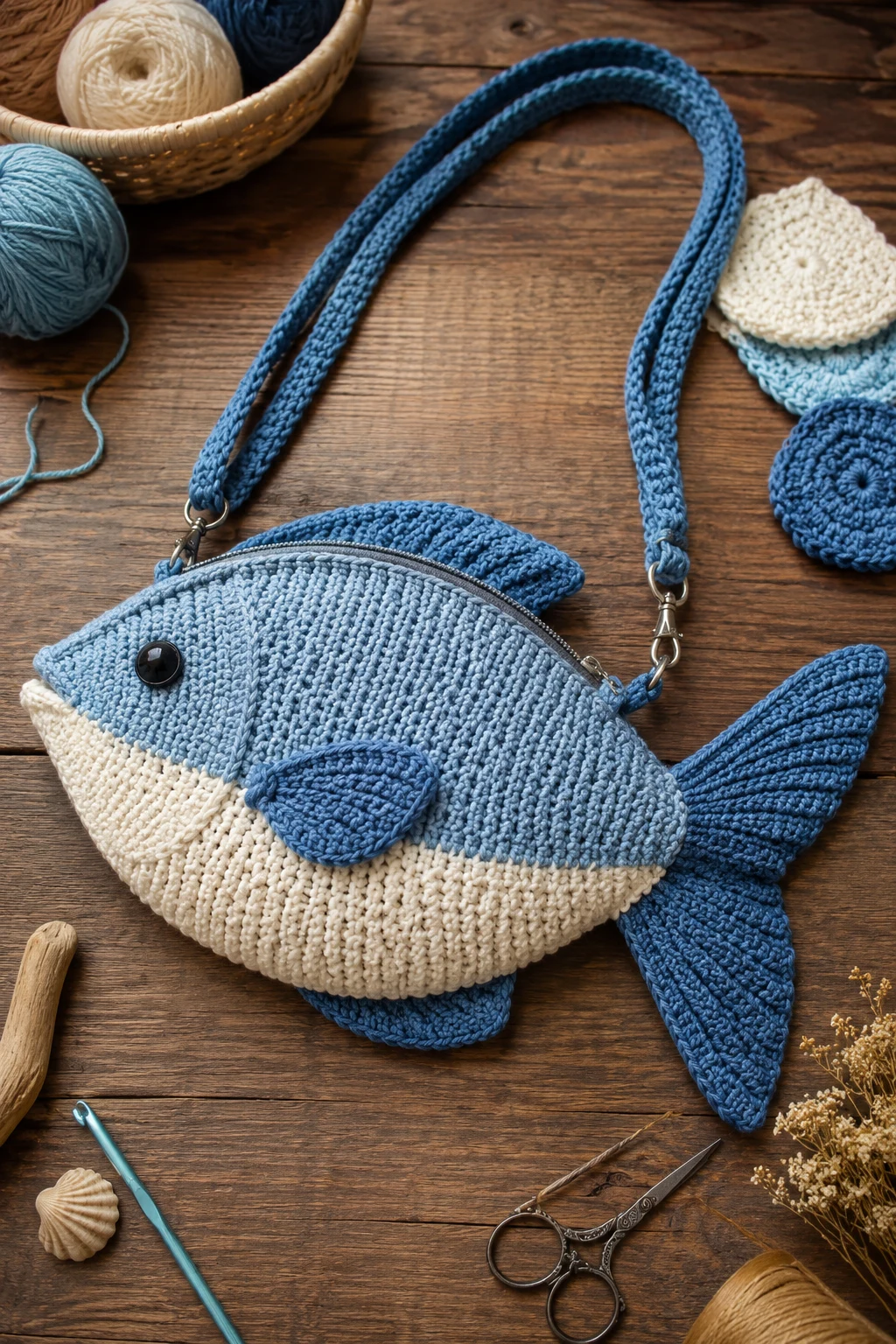 Classic Ocean-Blue Crochet Fish Bag — crochet fish bag style outfit