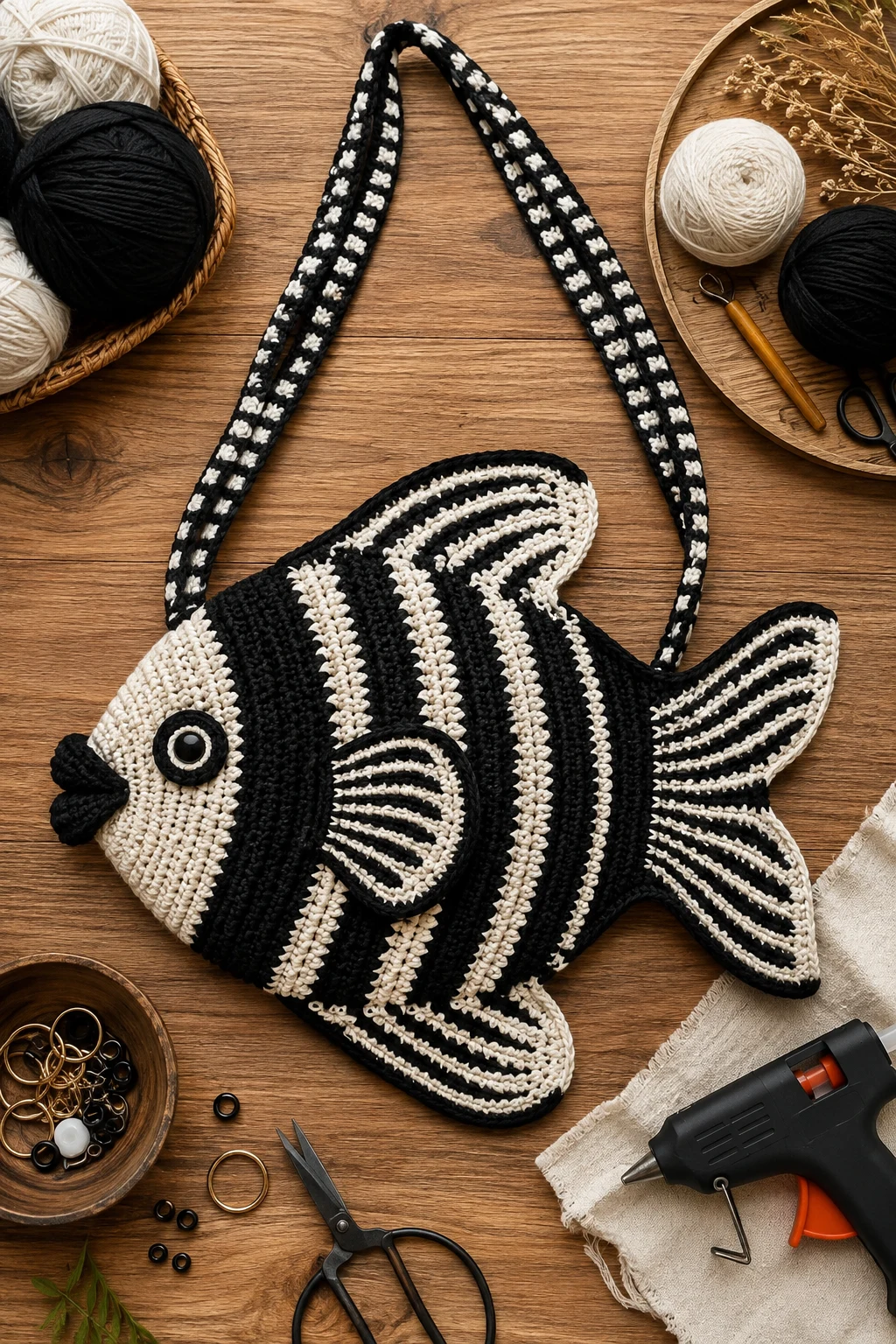 Black-and-White Graphic Fish Purse — crochet fish bag style outfit