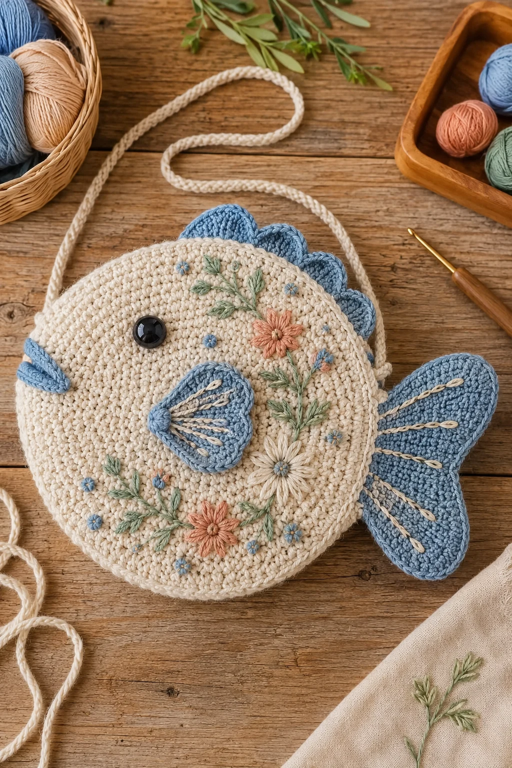 Crochet Fish Bag With Embroidered Details — crochet fish bag style outfit