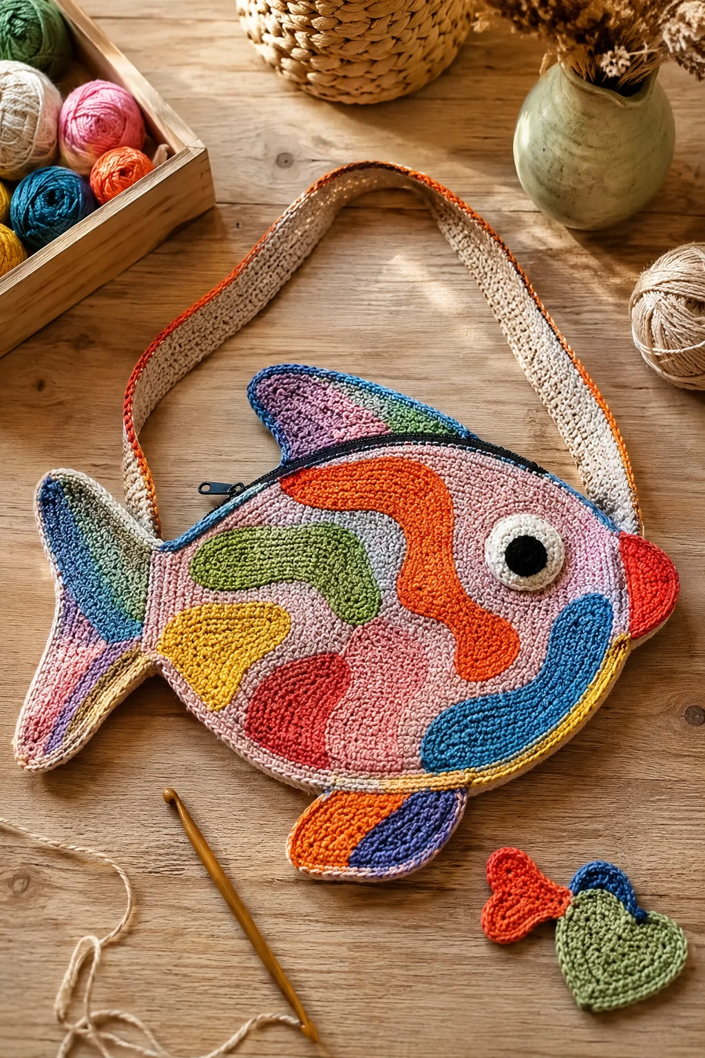 Freeform Colorful Fish Bag — crochet fish bag style outfit