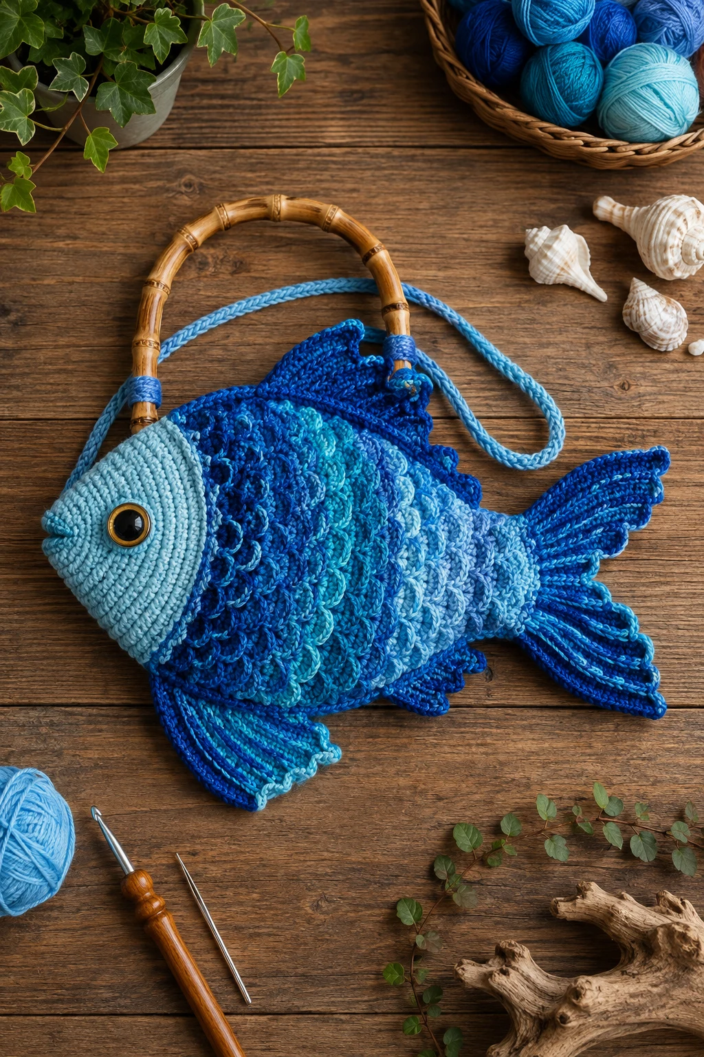 Ocean-Blue Statement Bag — crochet fish bag style outfit