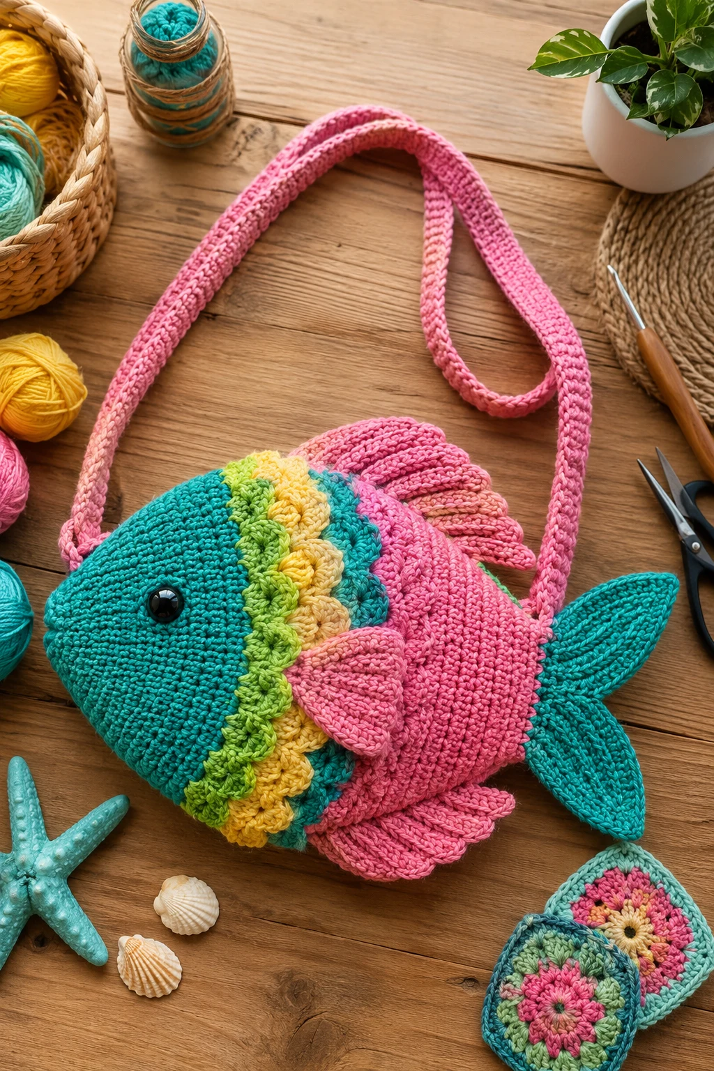 Bright Tropical Crochet Fish Bag — crochet fish bag style outfit
