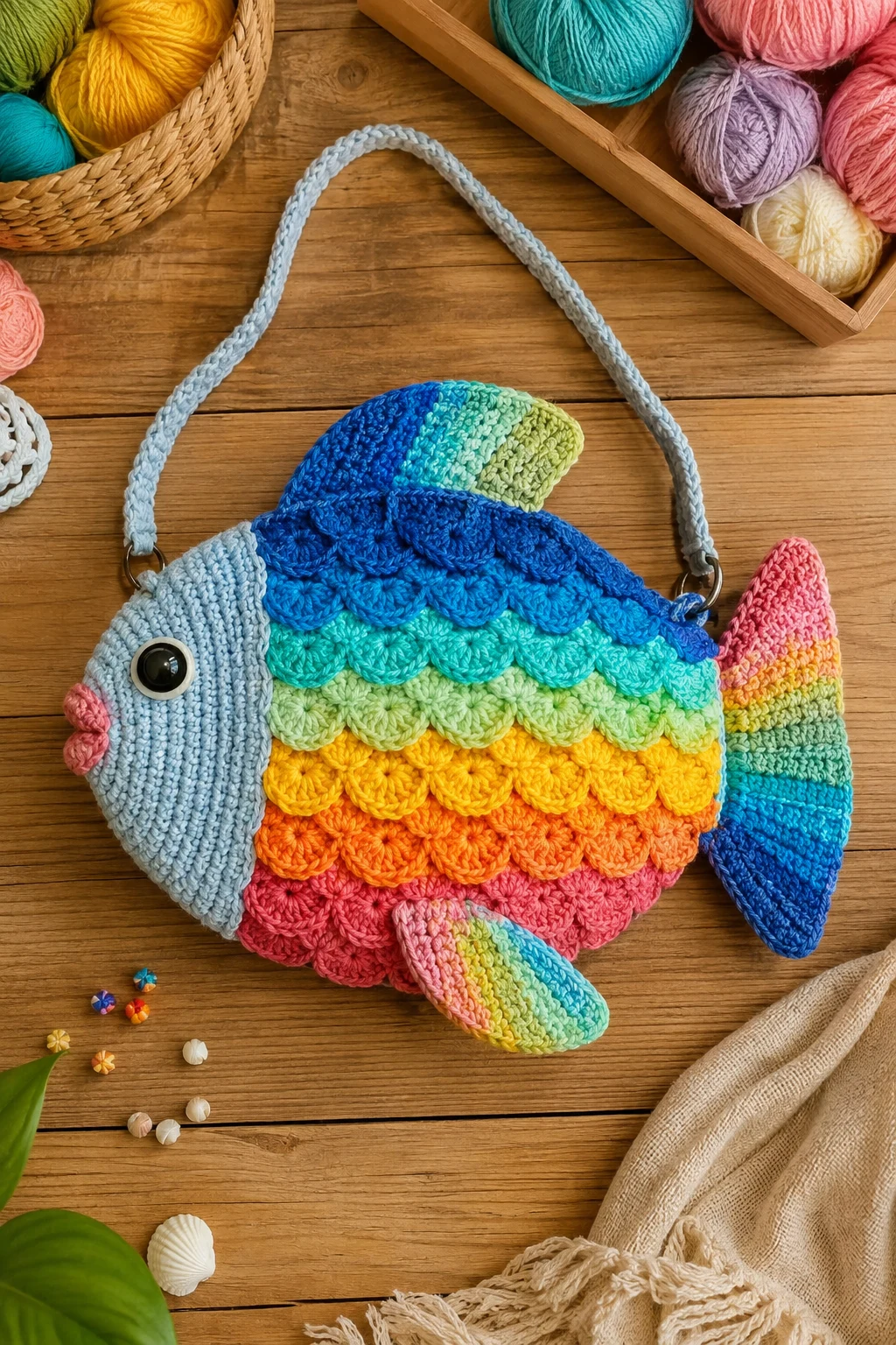 Rainbow Fish Crochet Bag — crochet fish bag style outfit