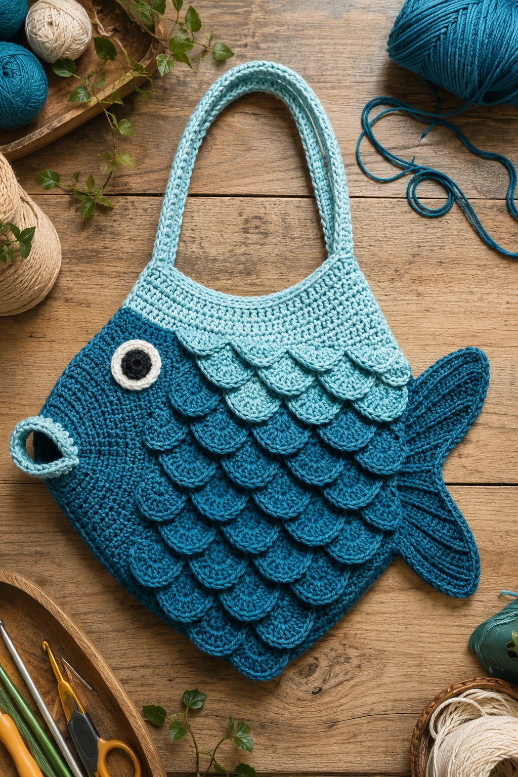 Crochet Fish Bag With Scaled Texture — crochet fish bag style outfit