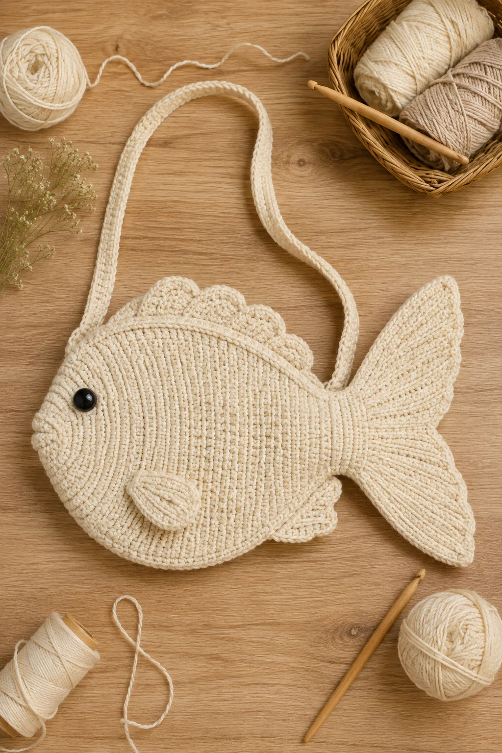 Minimalist Cream Fish Purse — crochet fish bag style outfit