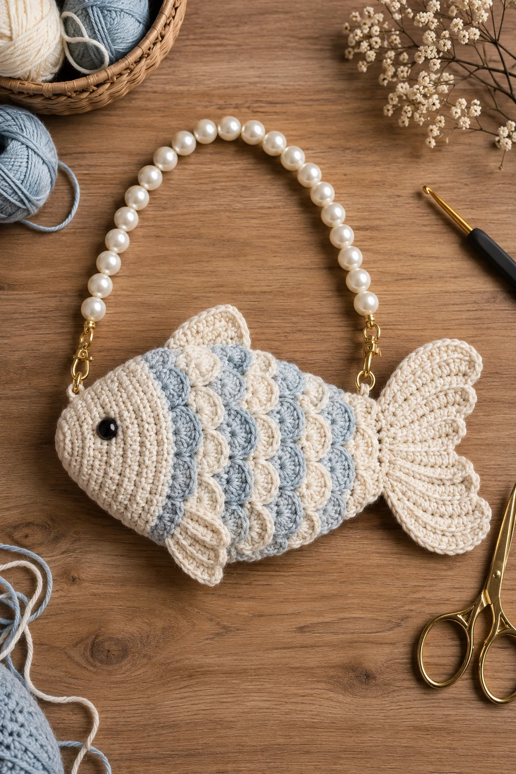 Crochet Fish Bag With a Pearl Strap — crochet fish bag style outfit