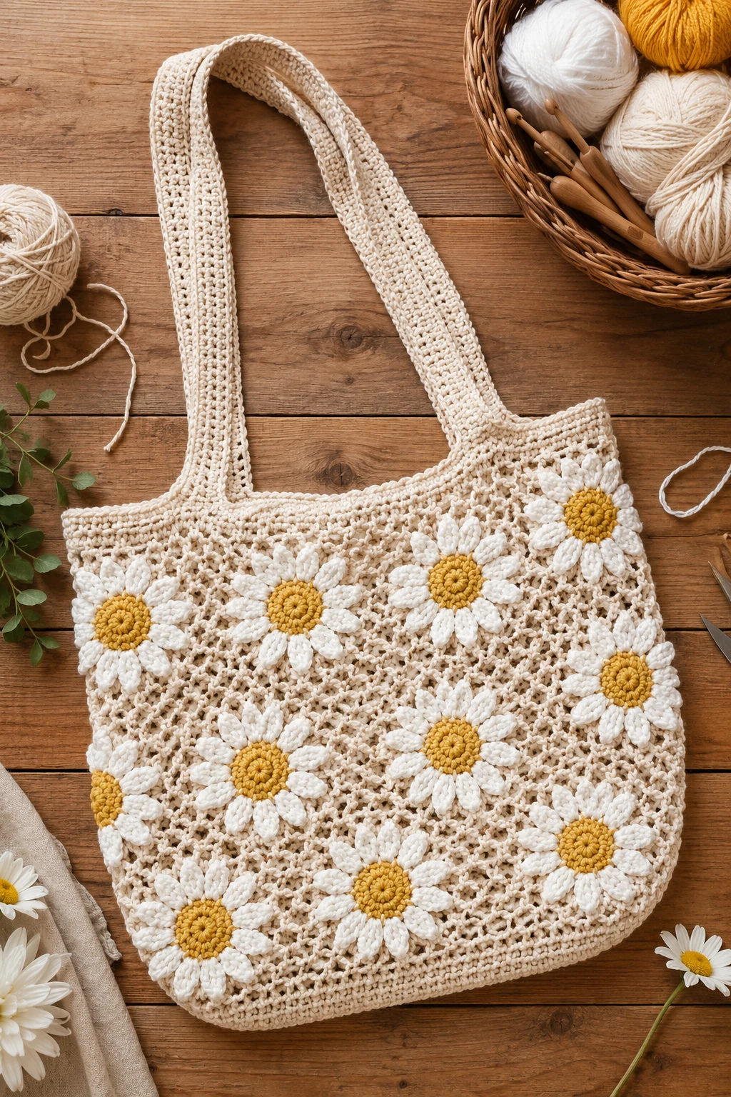Classic Daisy Market Bag — crochet flower bag style outfit