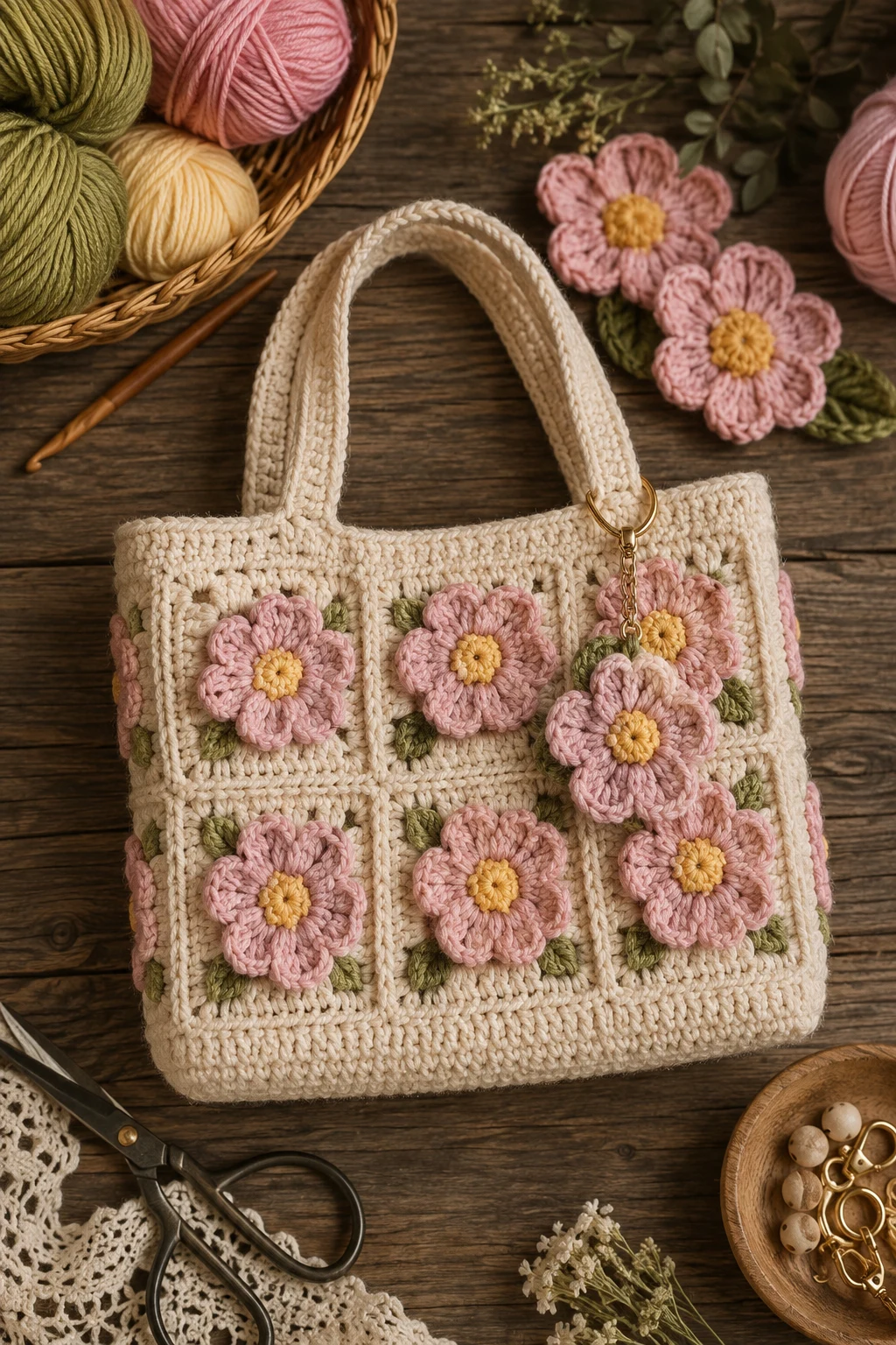 Crochet Flower Bag With a Matching Charm — crochet flower bag style outfit