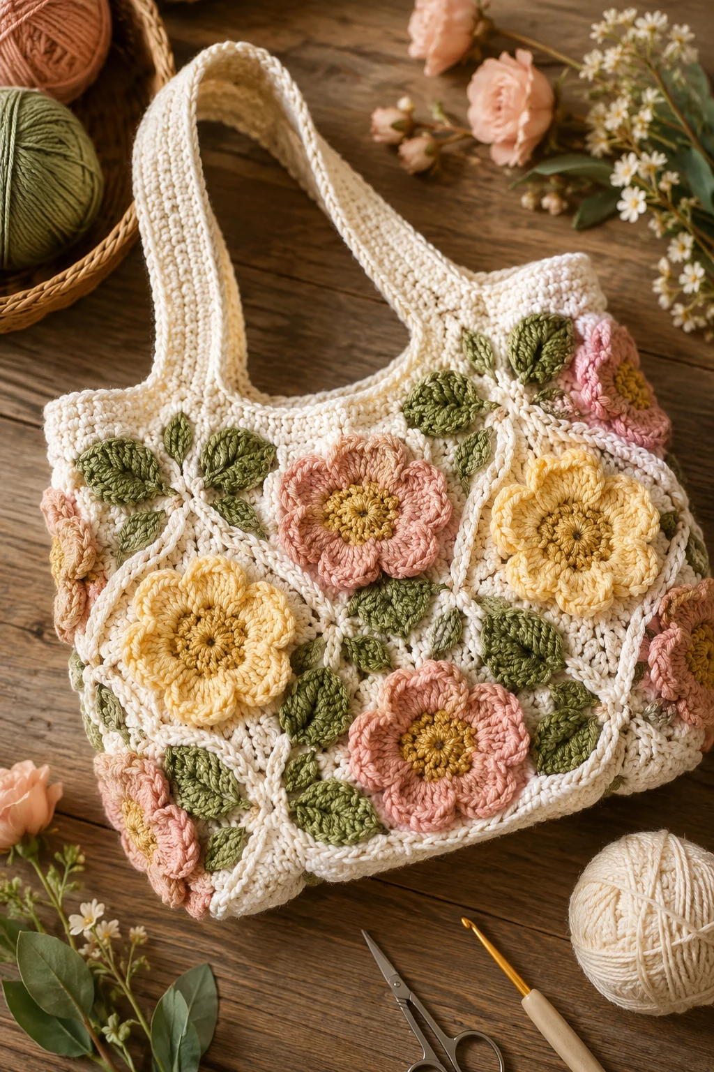 Crochet Flower Bag With Leaf Motifs — crochet flower bag style outfit