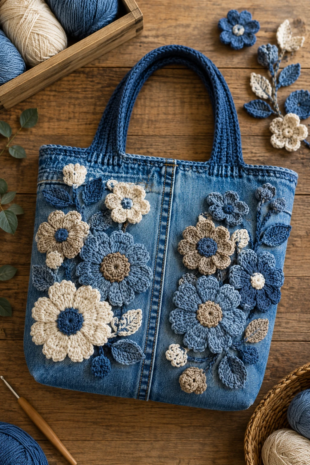 Denim-and-Crochet Flower Bag — crochet flower bag style outfit