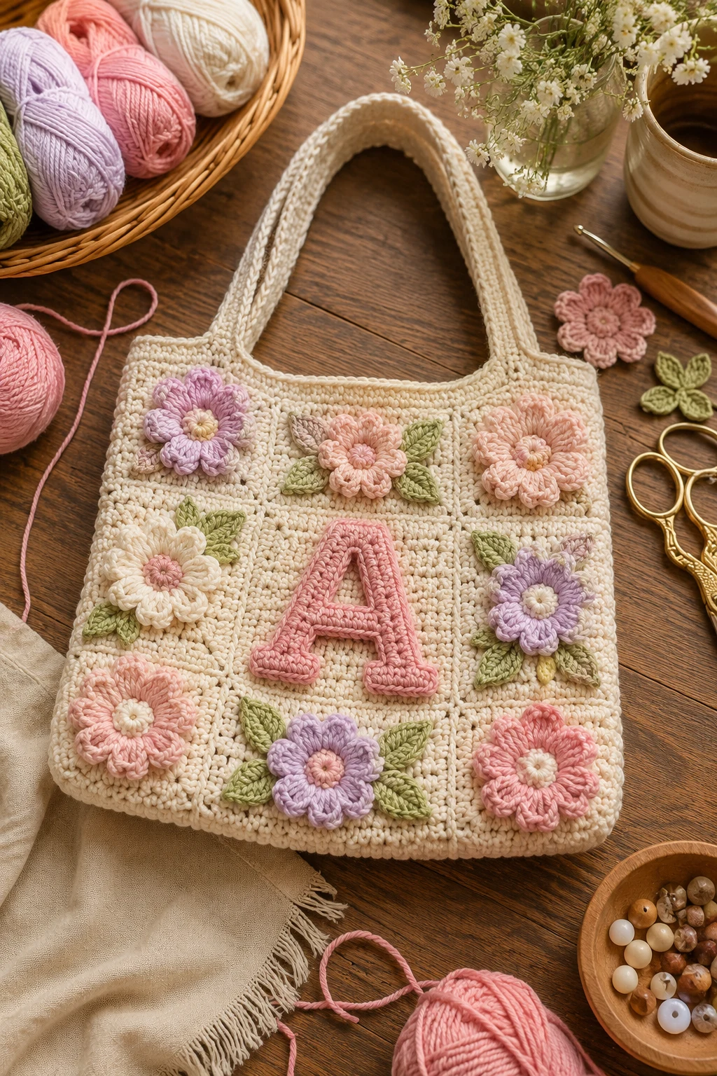 Personalized Initial Crochet Flower Bag — crochet flower bag style outfit