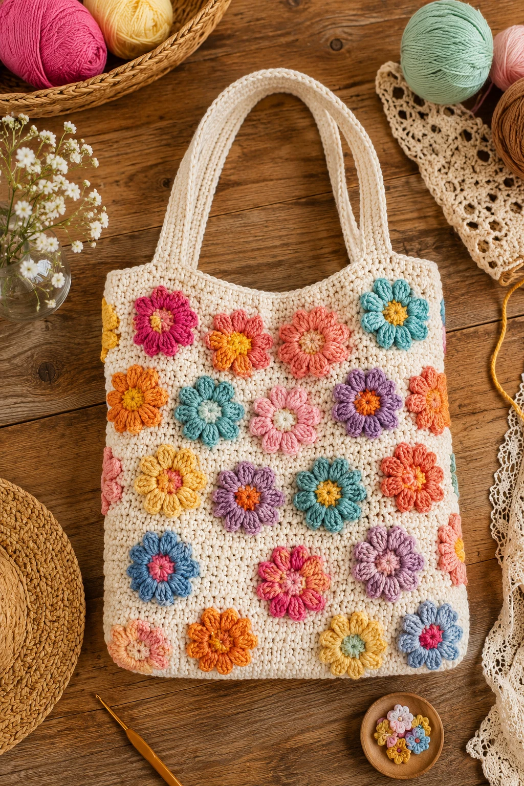 Colorful Crochet Flower Tote — crochet flower bag style outfit